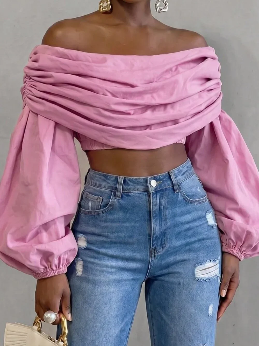 Pink Elegant Women's Casual Ruched Off-Shoulder Cropped Top